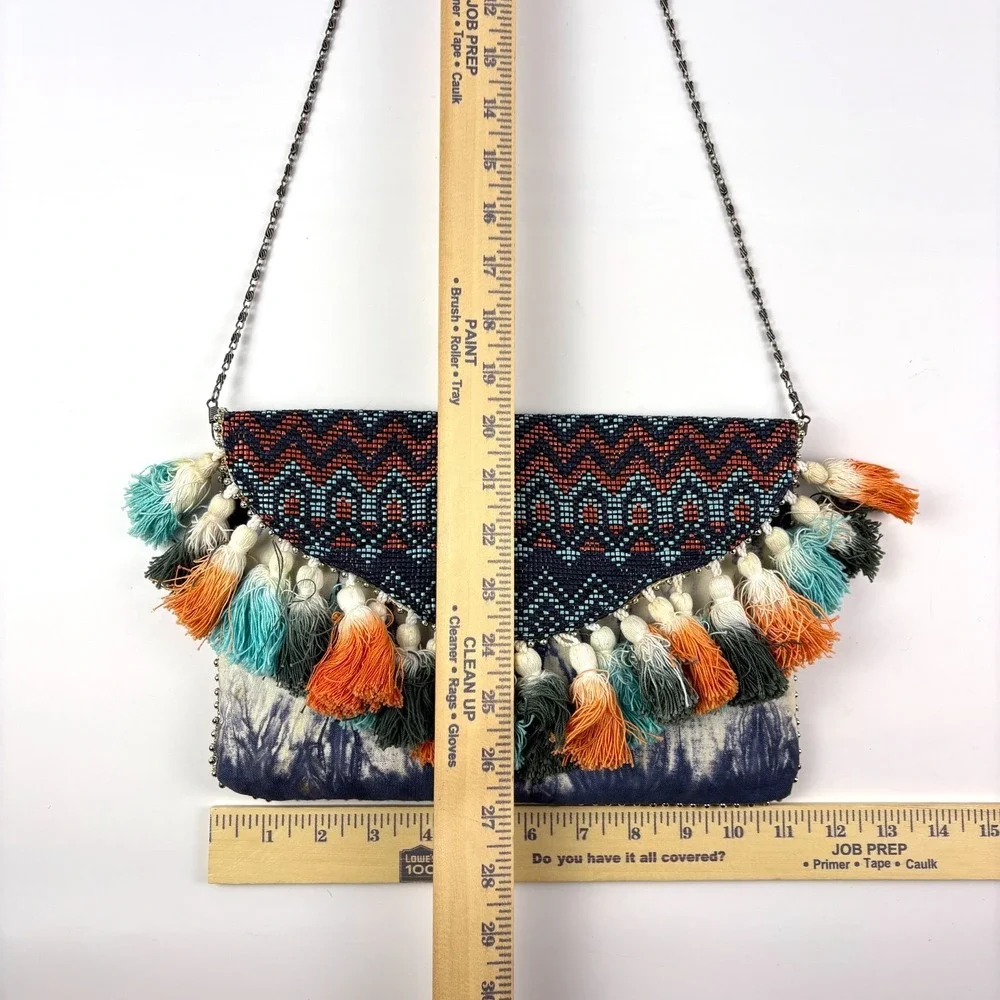 Steve Madden Josa Tassel & Bead Clutch Navy Coral Turquise Metal Strap Boho Fest